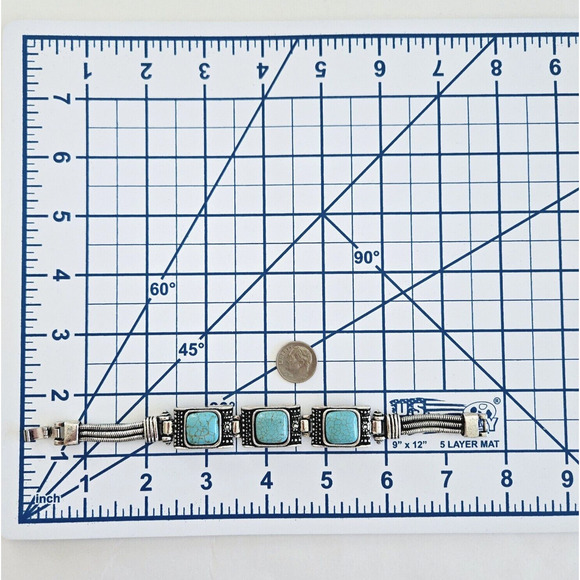 Faux Turquoise Bracelet Blue Geometric Silvertone Southwestern Aztec Boho Tribal - Picture 9 of 9